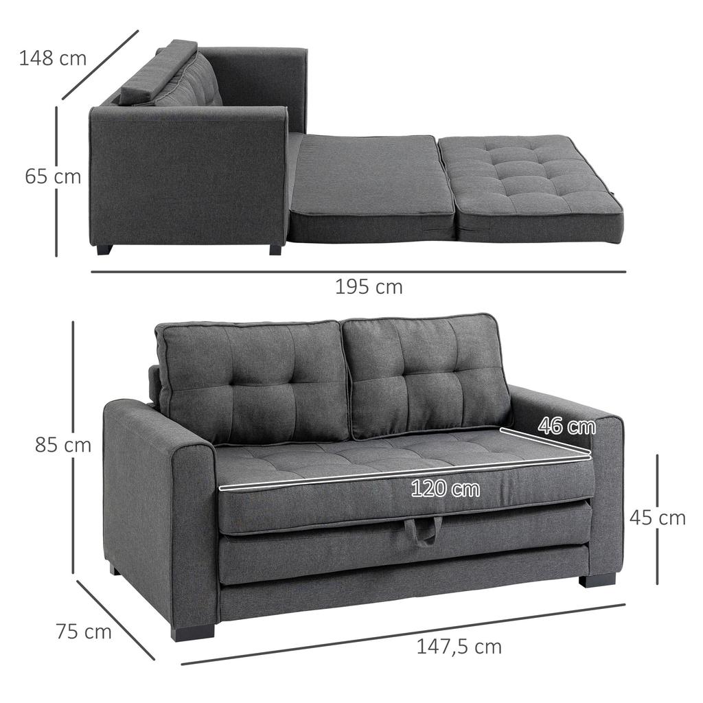 Sleeper Sofa Folding Sofa 2-Seater Fabric Sofa Sofa Bed Sofa with Sleep Function Sofa Set Linen-Touch Rubberwood Gray 147.5 x 75 x 85 cm