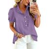 Women Ruffle V Neck Blouse Short Sleeve Casual Loose Fit Solid Top with Button Front and Puff Sleeves for Daily Wear
