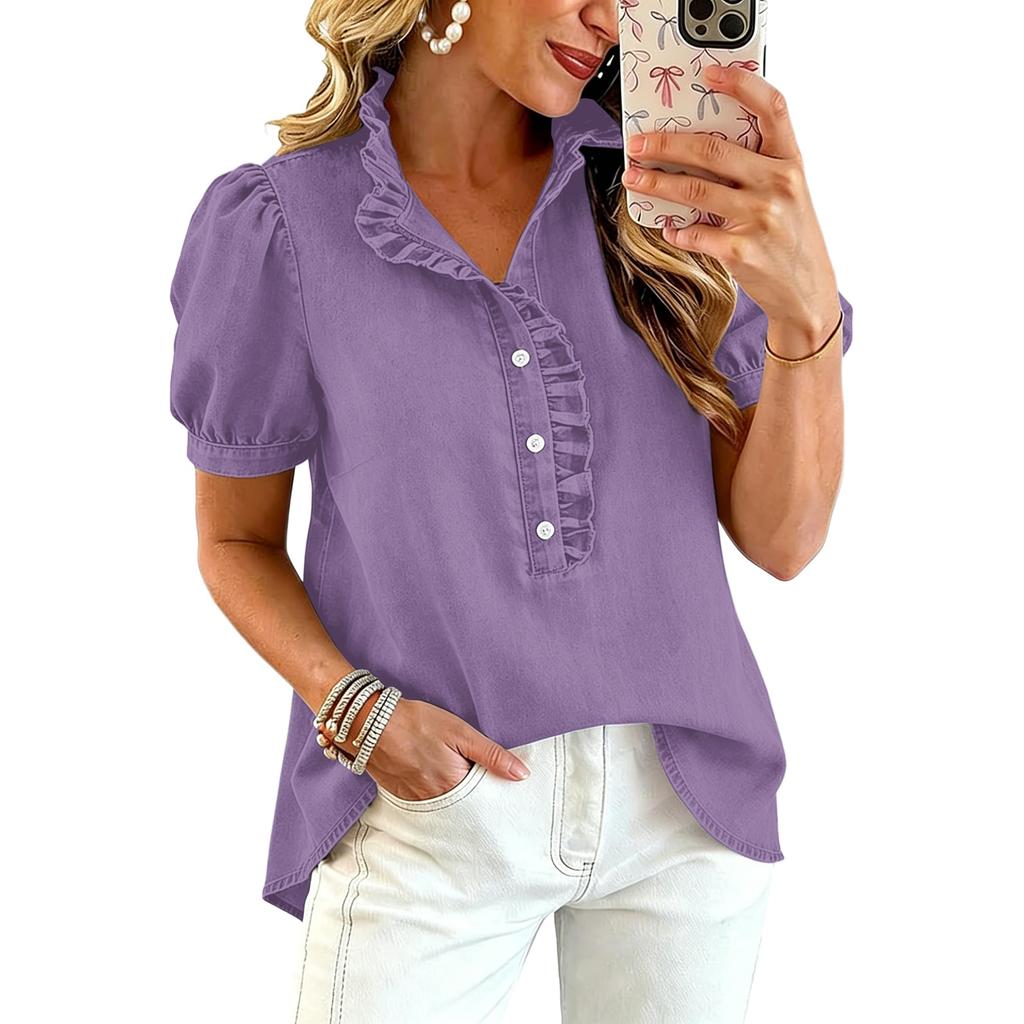 Women Ruffle V Neck Blouse Short Sleeve Casual Loose Fit Solid Top with Button Front and Puff Sleeves for Daily Wear