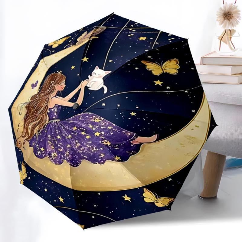 1pc Starry Night Moon Swing with Cats Automatic Opening/Closing Umbrella Foldable Design, 8-Bone Iron Frame, Outdoor, Ideal Gift for Fans, Travel