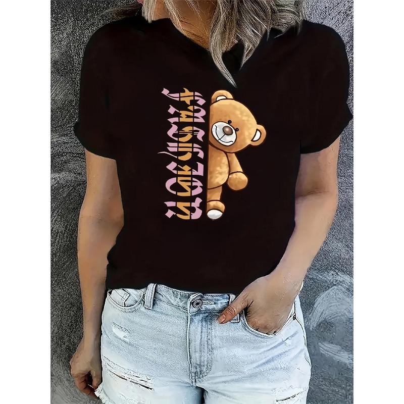 

European Size Women s Cute Bear Peek-a-Boo Print Short Sleeve T-Shirt - Soft Round Neck Casual Blouse,Daily Outfits & Gifts - Multi-Color 4XL