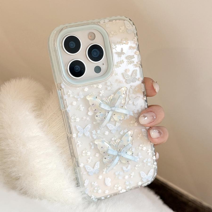 2 i 1 3D Sommerfugl med Sløyfe Gjennomsiktig Deksel til iPhone 17 16 15 14 13 12 Støtsikkert Anti-Gulnende TPU-deksel, Søtt Estetisk Beskyttende Telefondeksel