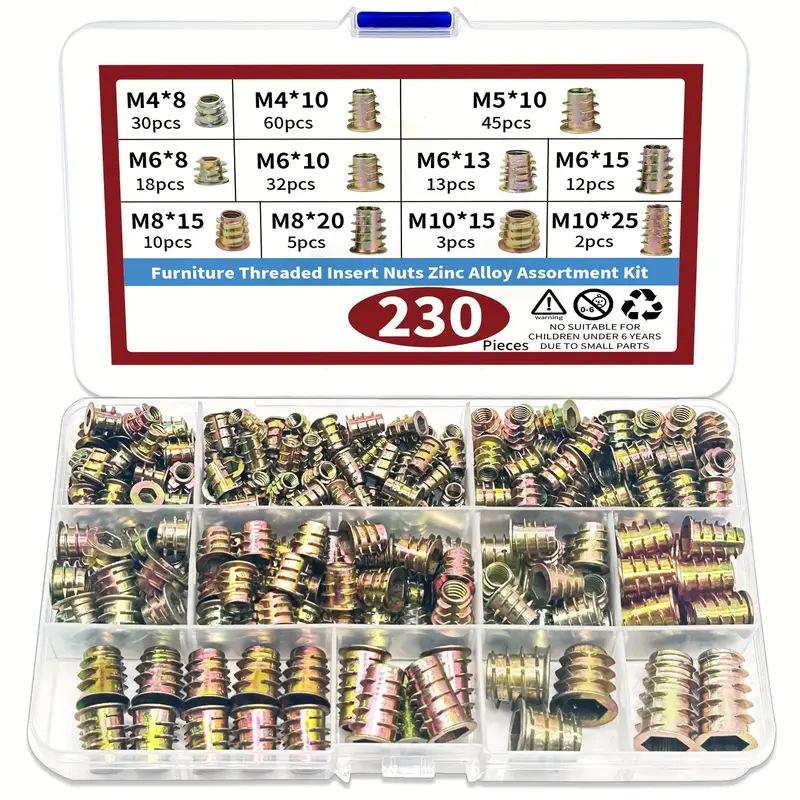 130/230pcs Threaded Inserts Nuts, Threaded Wood Inserts Nuts Assortment Tool Kit, 11 Sizes Metric M4/M5/M6/M8/M10 Hex Socket Dri