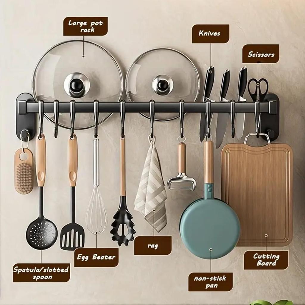 Adhesive Wall Mounted Pot Pan Rack, Kitchen Wall Mounted Detachable Pan Lid Utensils Organizer Hanging Rail with 6 Hooks