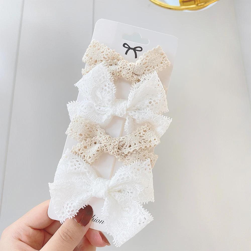 4Pcs/Set Floral Lace Hair Clip Set Girl Cute Bow FlowerTrimming Headwear Cartoon Hair Clips Hairpin Headdress Hair Accessories