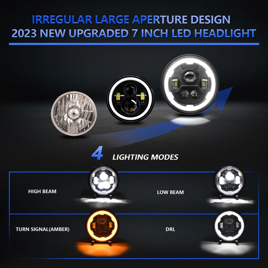 LED 7 Inch LED Headlight Round Headlight with Amber Turn Signal Car Motorcycle Waterproof IP67 2 Pack Headlight, Hi/Lo Beam, DRL,