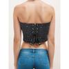 Top Corsetto Senza Spalline in Rete Nera con Strass, Vita Arricciata, Bustier Steccato per Donna