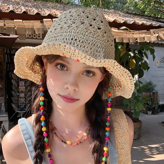 Summer Fisherman Hat, Hollow Straw Weaving Large Brim Beach Hat, Foldable Portable Rainbow Color Basin Hat