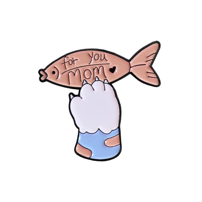 Always Be Pawsitive: Happy Cat with Fish and Flowers Cartoon Brooch