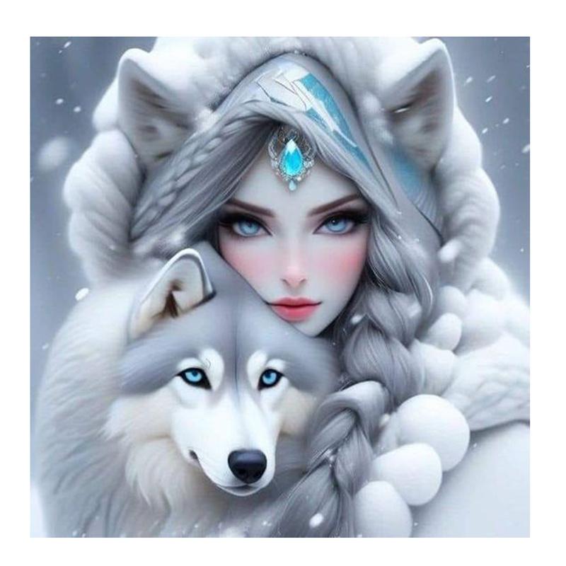 

5D DIY Алмазная картина, вышивка крестом, женщина и белый волк, полный квадратный набор для вышивки алмазами, мозаика, ремесла, украшение для дома, подарок Round 20x20cm