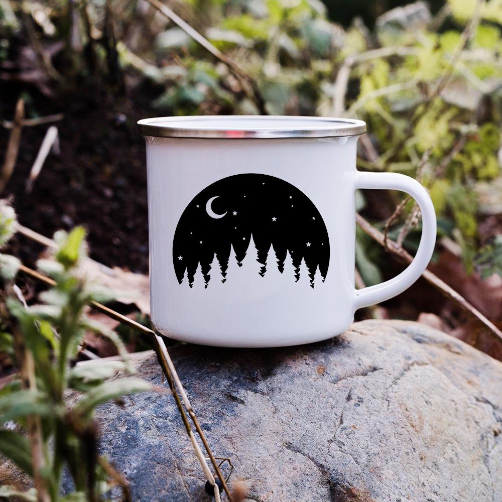 Sunset Forest Creek Creative Enamel Coffee Mugs Outdoor Travel Water Cups Camping Bonfire Party Beer Drink Milk Mug Best Gifts