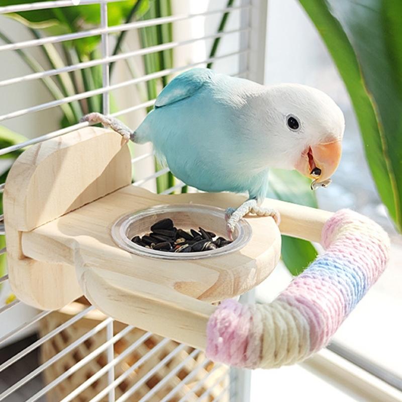Natural Wood Parrot Stand Multifunctional Feeding Accessory Includes Feeding Bowl For Conures Lovebirds Finches