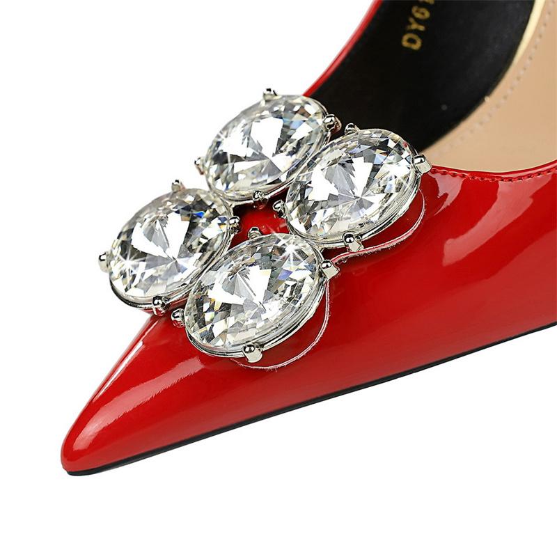 2025 New Luxury Pointed Toe Thin High Heels Big Rhinestone Buckle Design Women Patent Leather Stilettos Party Single Shoes