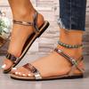 Fashion 2025 New Summer Sandals Women's Round Toe Open Toe Patent Leather One-Strap Wear Soft Sole Non-Slip Plus Size Flats