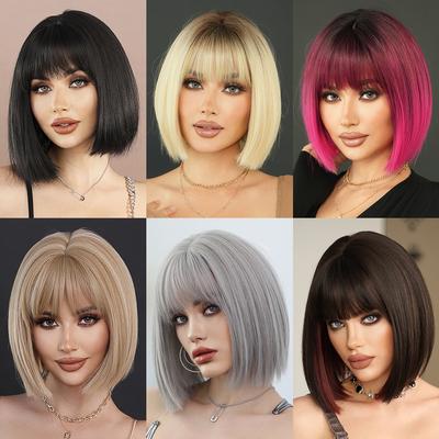 Europäischer und Amerikanischer Stil Damen Schwarz Kurzes Bob-Perücke mit Geradem Pony Kurz Gerade Synthetik Vollperücke