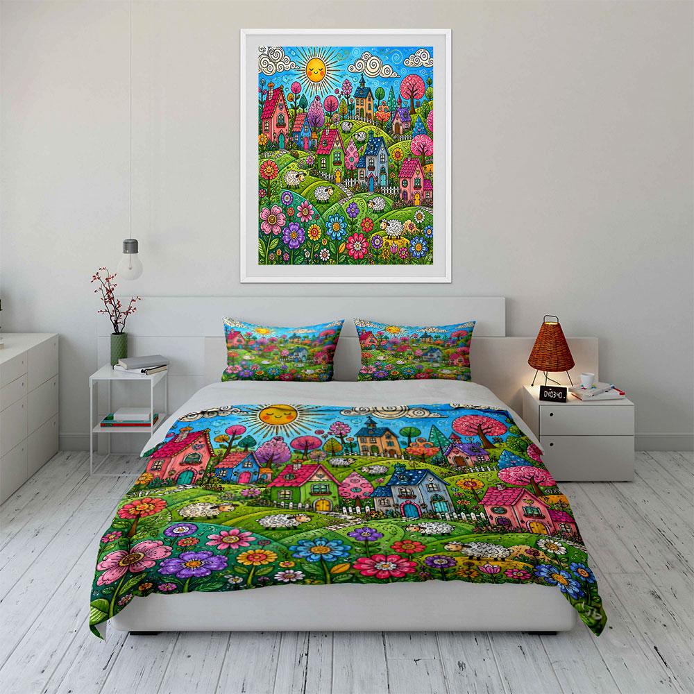 Colorful Village And Sunshine Cartoon Print Soft Comfortable Duvet Cover Bedding Set Included 1*Duvet Cover 2*Pillowcases