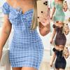 Robe Mini Slim Décor Nœud Papillon Doux Imprimé Carreaux Épaules Dénudées Robe Bodycon Vêtements Féminins