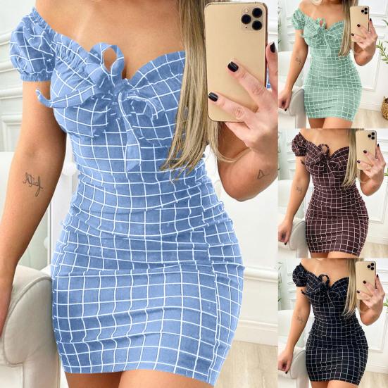 Robe Mini Slim Décor Nœud Papillon Doux Imprimé Carreaux Épaules Dénudées Robe Bodycon Vêtements Féminins