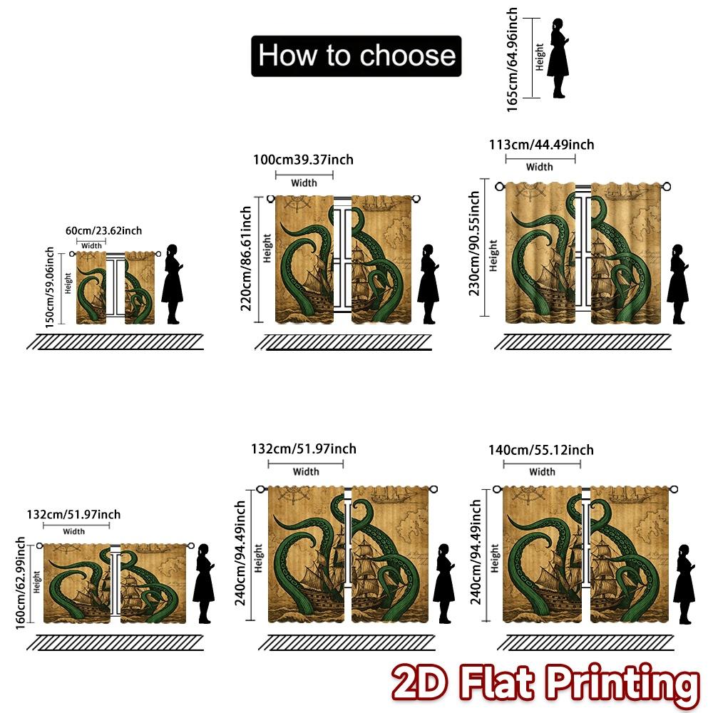 2D FLAT PRINTING 2pcs Curtains (Without Rod) Ship vs Sea Monster Pattern Modern Curtains Durable 100% Polyester Fabric Curtains