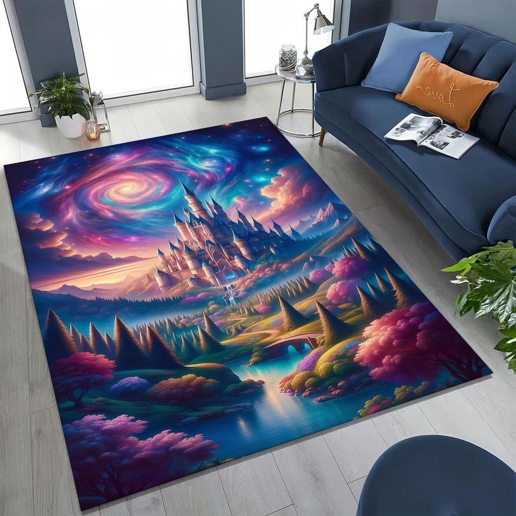 Enchanted Fairytale Princess Castle Gothic Castle Cartoon Rug for Bedroom Living Room Sofa Home Doormat Decor, Kids Non-slip Mat