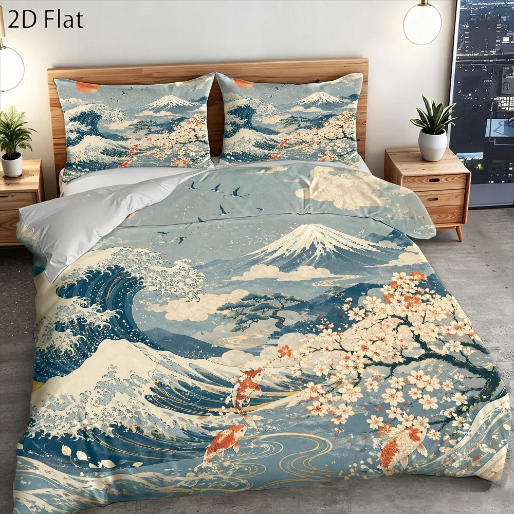 Ensemble Housse de Couette 3 Pièces Ukiyo-E Japonais Vague Fleur de Cerisier Carpe Ensemble de Literie Artistique Respirant Doux pour la Peau Toutes Saisons Machine 90Cmx190Cm