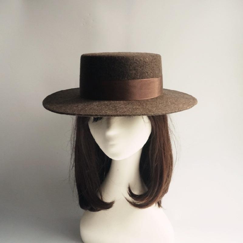 French retro oat wool woolen flat top top hat women's autumn and winter versatile British wide brim Panama camel felt hat