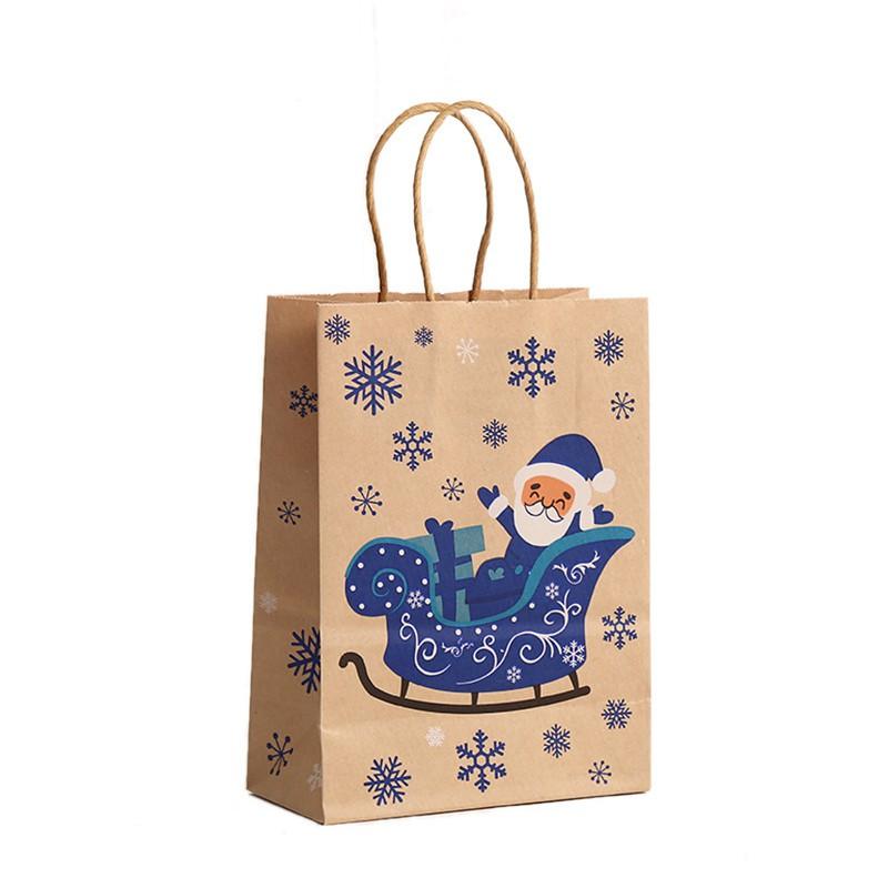 Blue Christmas Gift Bag Kraft Paper Party Favor With Cartoon Print Handheld Candy