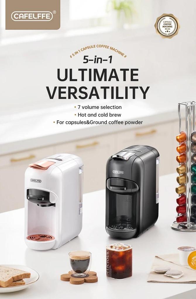 New Cafelffe 5 in 1 Multiple Capsule Coffee Machine Hot/Cold DG Cappuccino Nespresso Capsule ESE Pod Ground Coffee Cafeteria 19Bar,MK-606