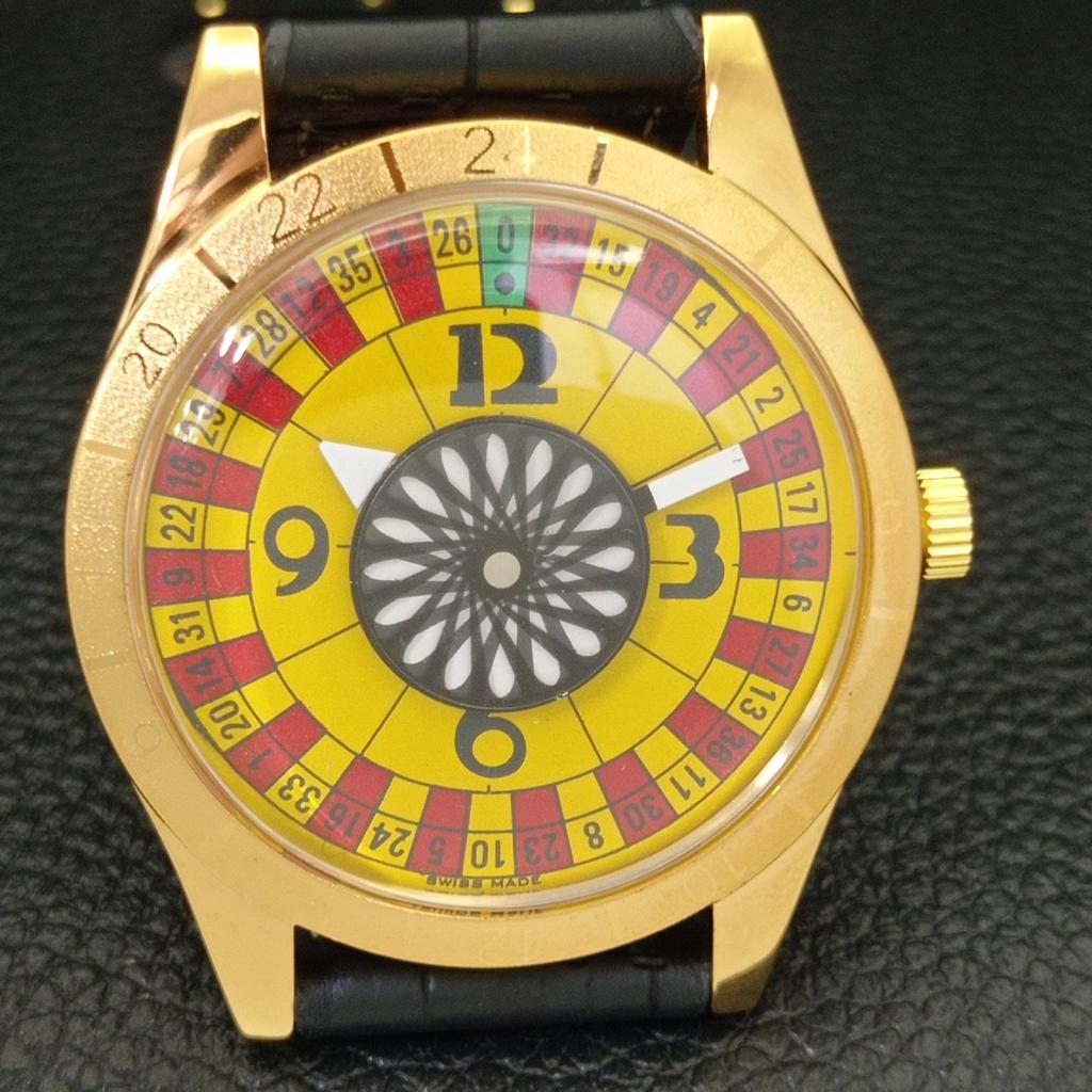 HAND-WINDING VINTAGE SWISS MENS POKER FACE YELLOW COLOR DIAL WATCH A701177-5 R205b-a701177