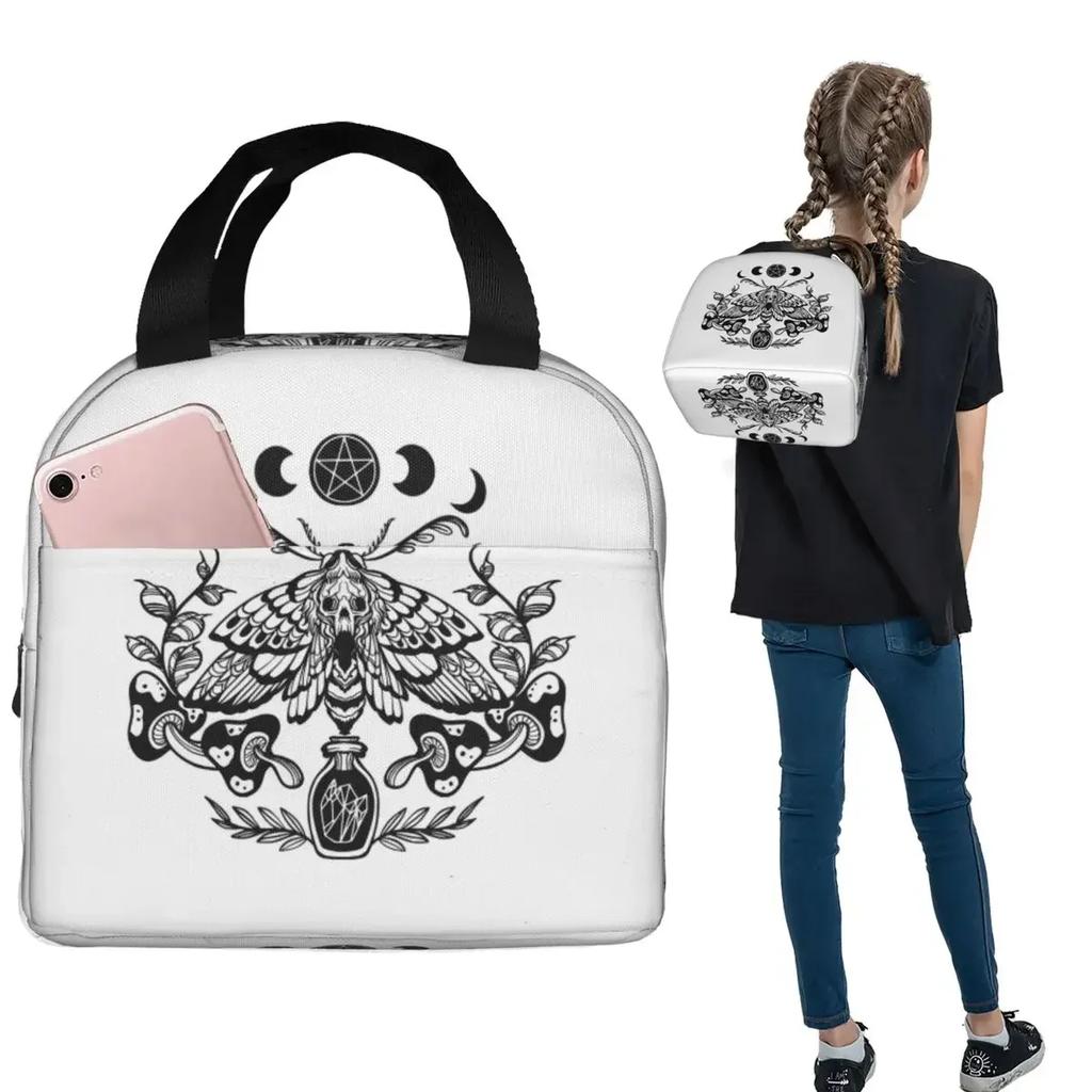 Occult Witchy Moth Skull Death Head Hawkmoth Insulated Lunch Bag for Women Kids Leakproof Food Boxes Thermal Lunch Box Tote