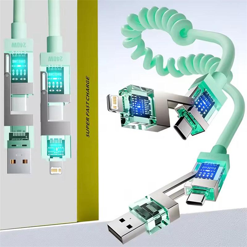 240W 4-in-1 Retractable spring super fast charging data cable For iPhone15 16 Samsung supports carplay data cable