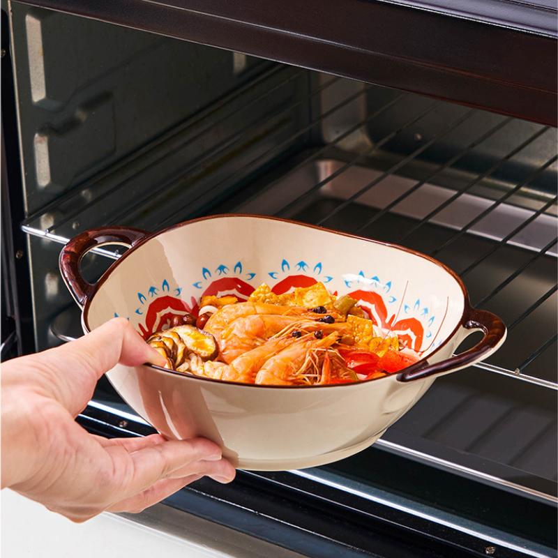 9.5Inch Japanese Household Noodle Bowl Ceramic Soup Bowl with Handle Salad Pasta Bowl Kitchen Tableware Microwave Oven Bakware