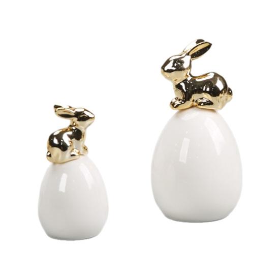 Easter Bunny Figurine Modern Ceramic Gold Rabbit On Egg Ornament for Spring Farmhouse Home Office Fireplace Tabletop Centerpiece