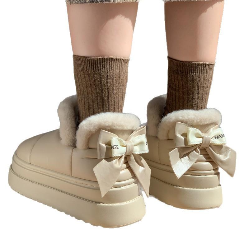 New fashionable thick-soled heightening bow cotton shoes winter velvet warm soft-soled shoes hairy snow shoes