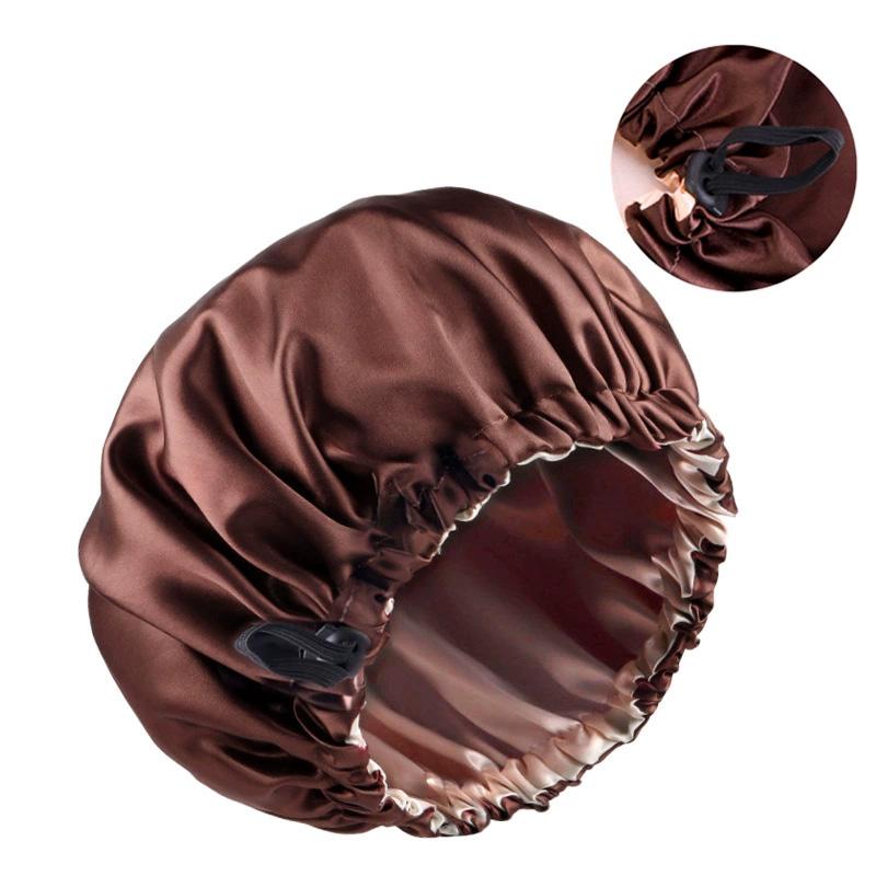 1pc Double Layer Adjustable Satin Bonnet Solid Color Elastic Button for Women Hair Hat Nightcap Silky Satin Fabric
