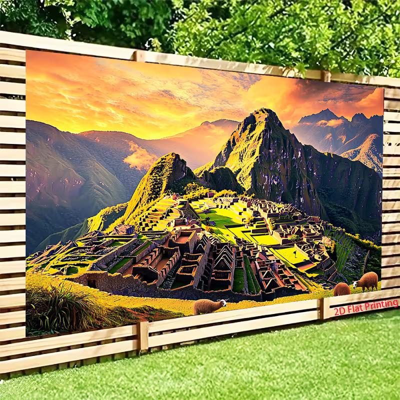 Nádherná tapisérie Machu Picchu, Západ slunce při zlaté hodině nad starověkými inckými ruinami a lamami, Exotické cestovní nástěnné umění