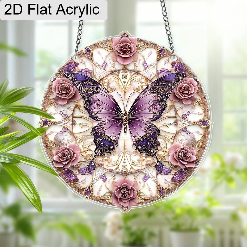 Acrylic Purple Butterfly with Pink Roses Suncatcher Stained Glass Effect Window Hanging Ornament Flower Lover Gifts