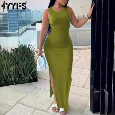 Women's Fashion Summer Spring Solid Color Print Sleeveless O-Neck High Waist Casual Dresses