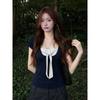 Mu Tao Korean bow button polka dot splicing fake two-piece short-sleeved T-shirt women's summer new low-necked top