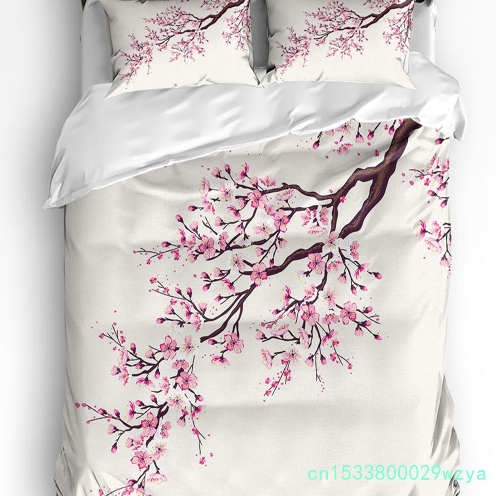 Bettwäscheset im japanischen Stil mit Sakura-Kirschblüten und rosa Blumen, 3-teilig, für Doppelbett, Heimtextilien, Bettbezug, Bettbezug, Kissenbezug
