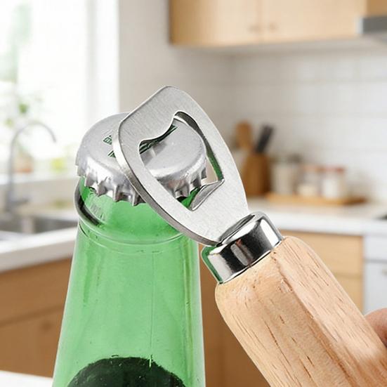 Beer Bottle Opener with Wooden Handle, Stainless Steel Cap Remover, Rustic Bar Tool for Home Kitchen, Gift for Men Dad