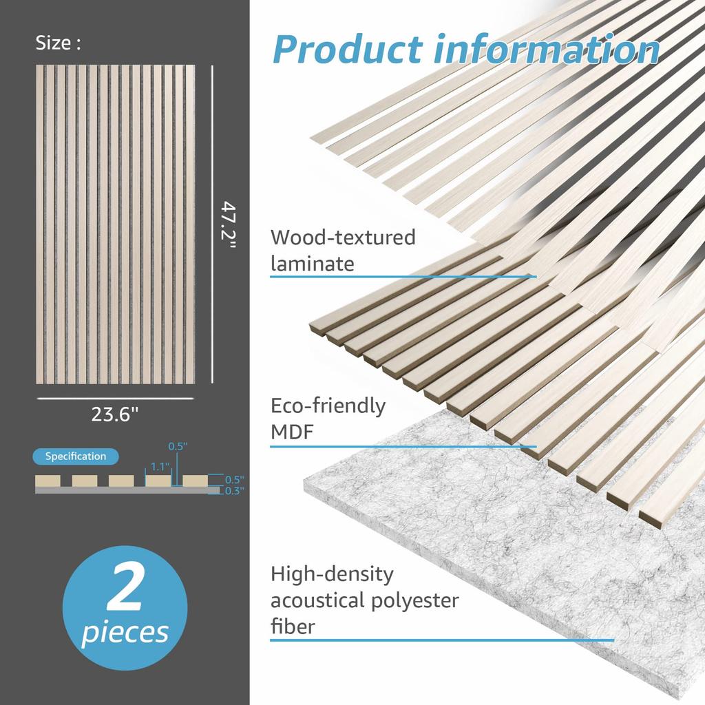 Art3d 2 Pieces Wooden Wall Sound Absorbing Material Wood Panel Wooden Soundproof Panel DIY Sound Insulation Decorative Wood Board 120x60 Model Number