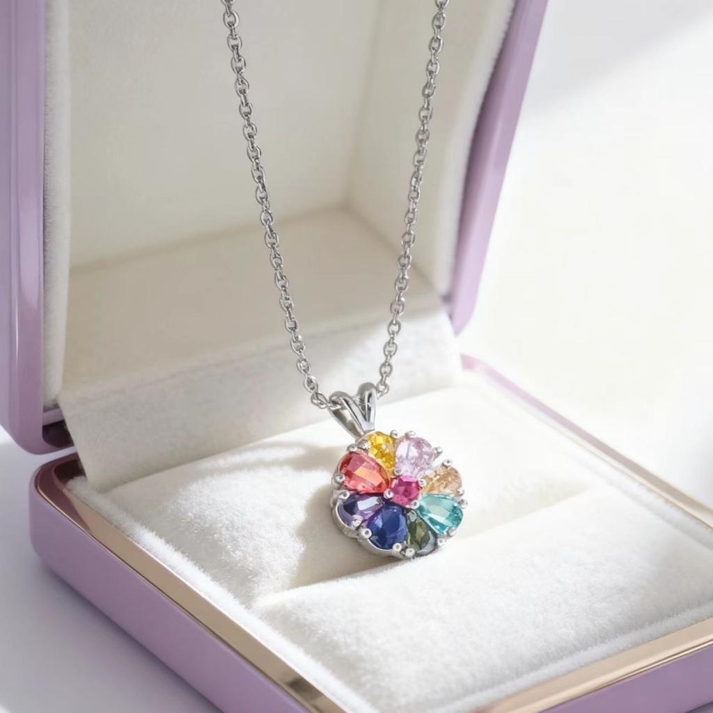 Imitation Colorful Tourmaline Flower Necklace Women's Luxury Group Inlaid Colorful Treasure Pendant Collarbone Chain