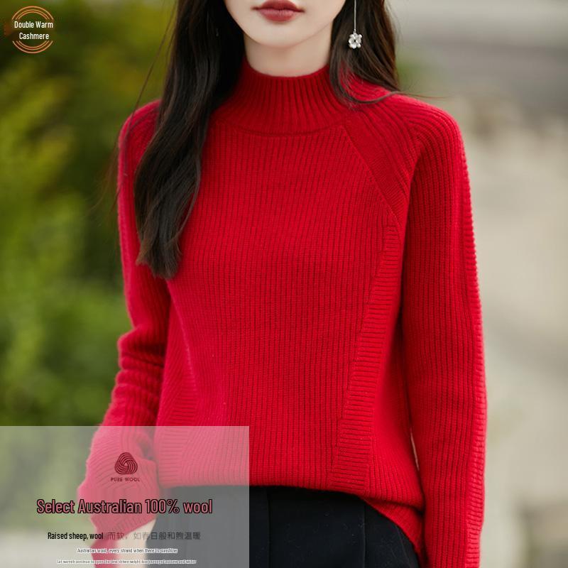 

Women s Benmingnian Extra Thick Pure Wool Cable Knit Sweater with Semi-High Neck and Raglan Sleeves M