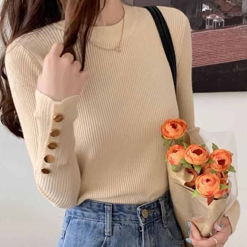 Autumn and Winter Long Sleeve Soft Knitted Women's Sweater Half High Collar Solid Bottom Pullover Sweaters Tops Ladies O Neck Casual Knitwears 24973