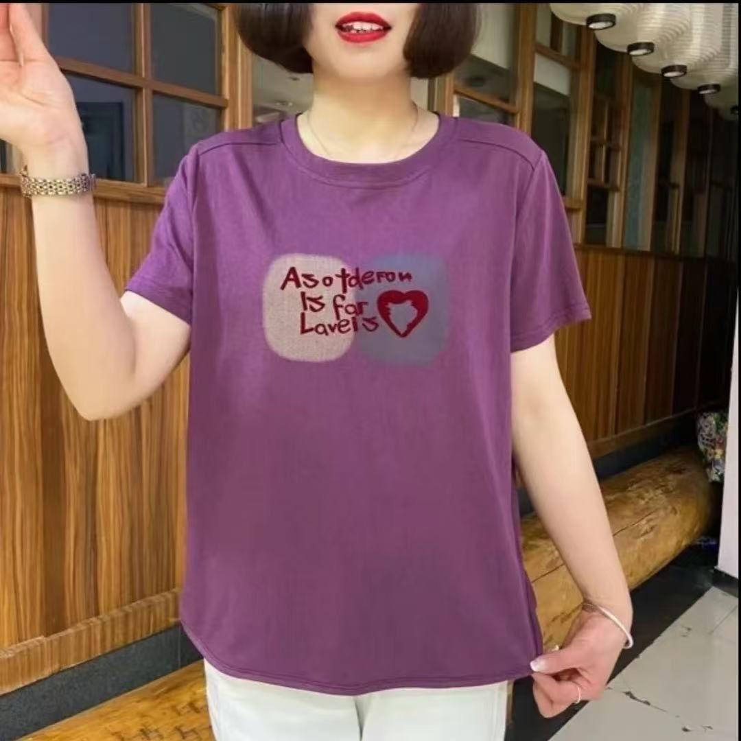 

2025 summer new short-sleeved large-size thin, meat-covering and age-reducing casual versatile printed crew neck T-shirt for women 4XL фіолетовий