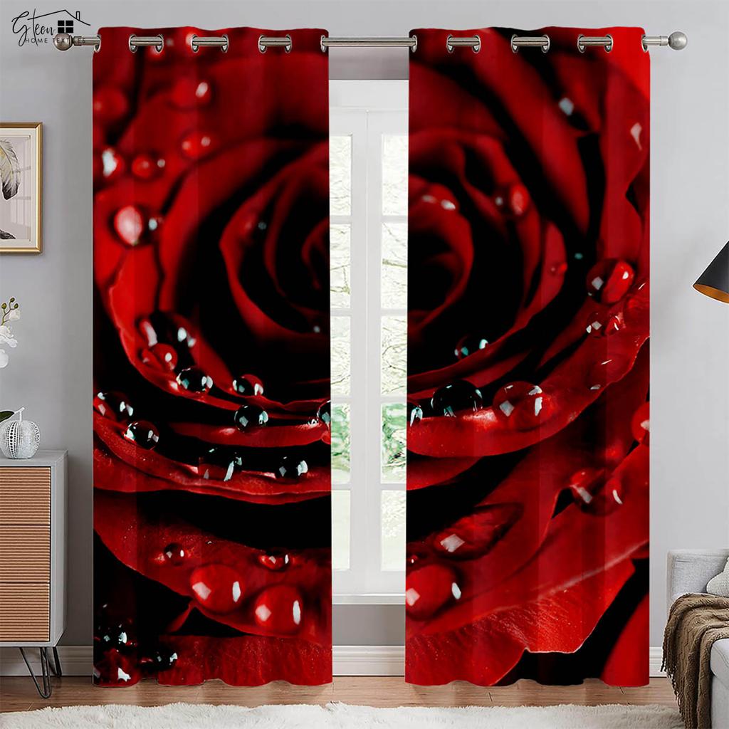 Retro Red Rose 3d Print Drapes Polyester Fiber Curtains Suitable For Bedroom Living Room Study Room Decorative Curtains 2 PCS