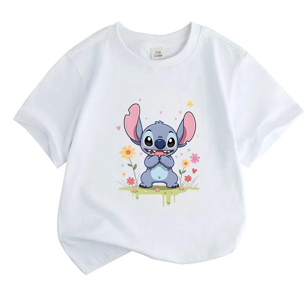 Cute Cartoon Alien Print Kids T Shirt 100% Cotton Round Neck Short Sleeve Boys Girls Casual Summer Tee with Sweet Flower Heart Pattern for Daily Wear