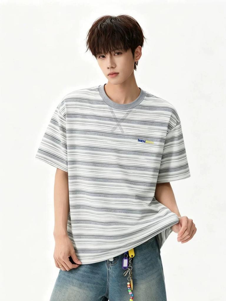 Men's Striped Short Sleeve T-Shirt Casual Crew Neck Tee Summer Loose Fit Hip Hop Streetwear Top