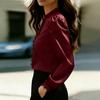 Women's Fashionable Color Long Sleeved Button Satin Lace Patchwork Stand Up Collar Shirt Top